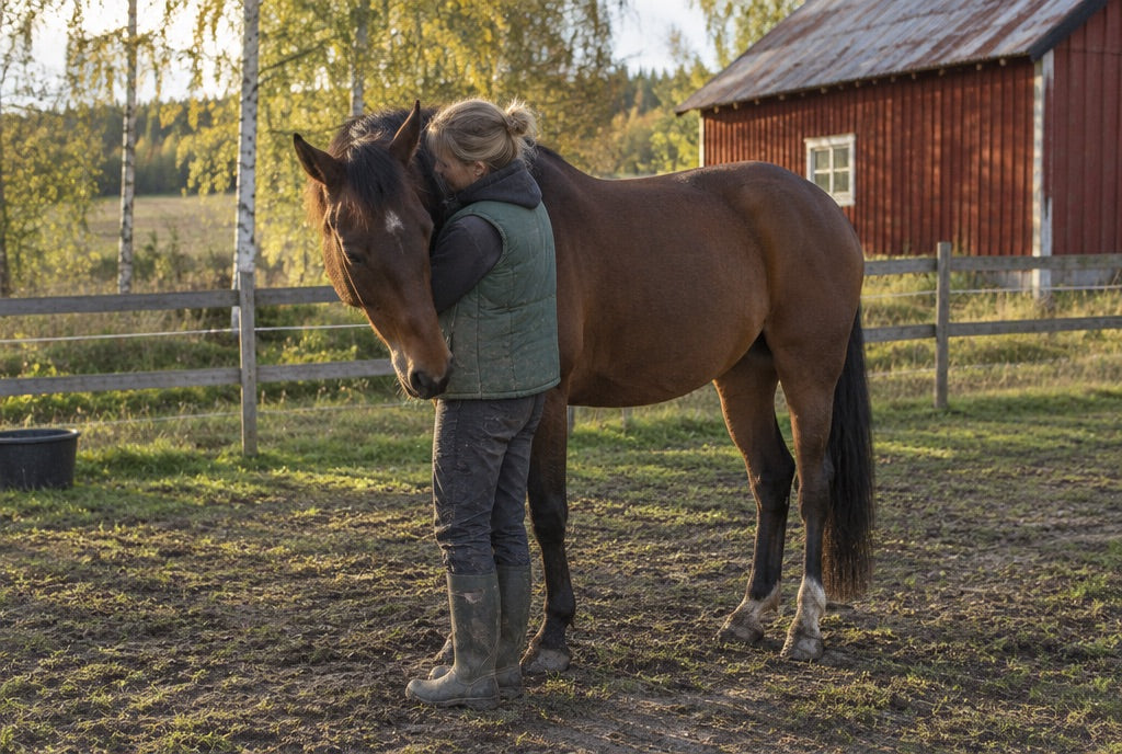 Kvinna med armarna runt halsen på sin bruna häst i hagen