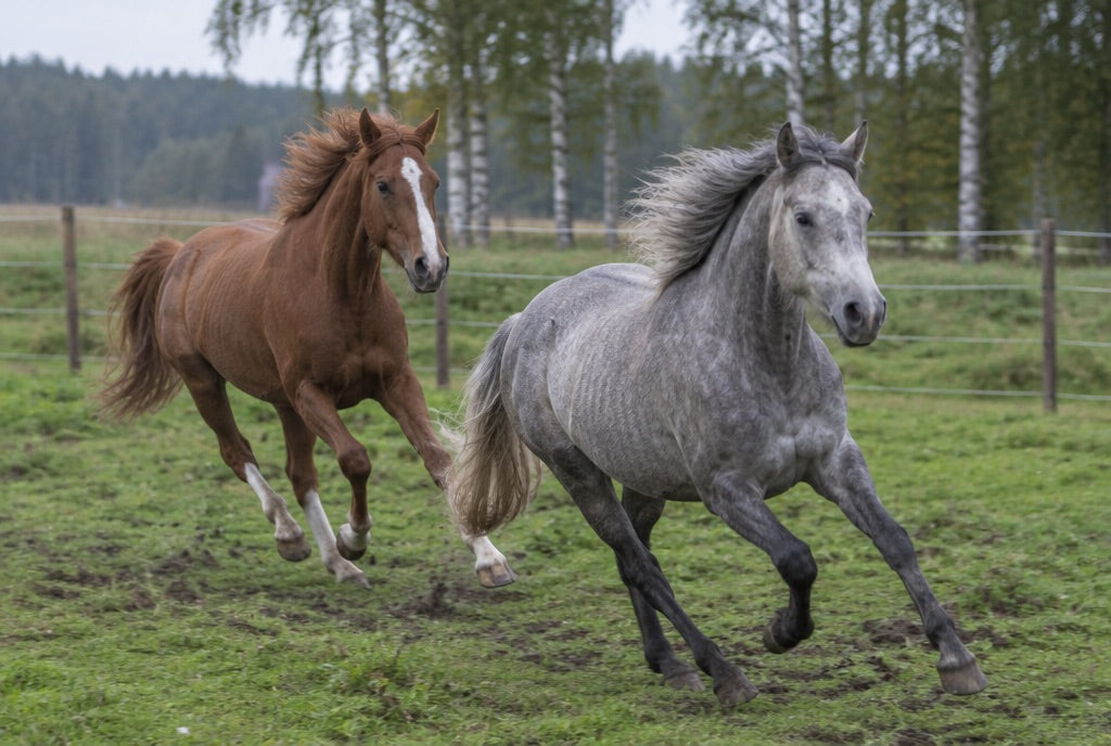 Två hästar galopperar fritt i hagen
